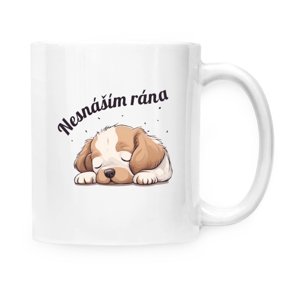 Hrnek malý bílý s potiskem Nesnáším rána spící pejsek
